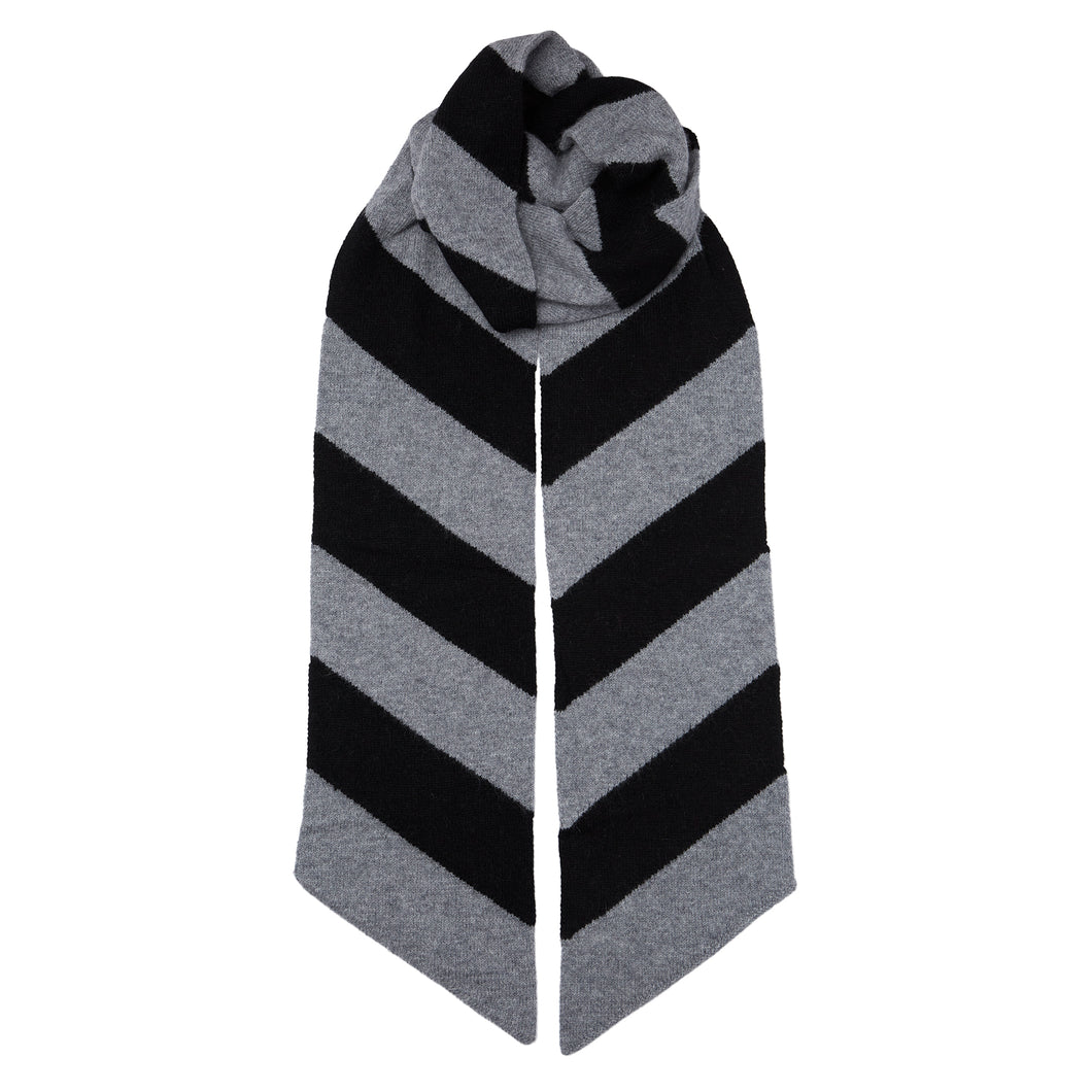 NEW Long Skinny Diagonal Stripe Cashmere Scarf - Grey/Black