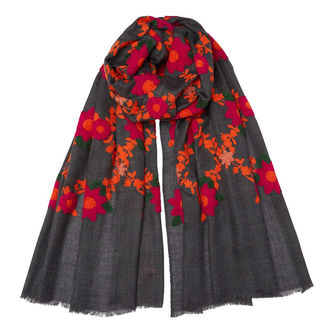 NEW Mexican Flower Pashmina - Cashmere & Cotton - Grey/Orange/Pink