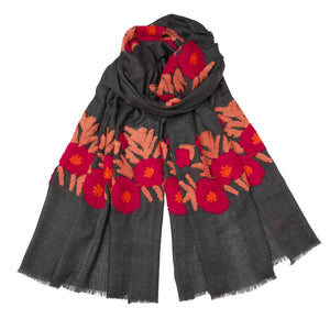 NEW Mexican Flower Pashmina - Cashmere & Cotton - Grey/Pink/Tan