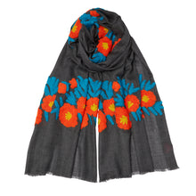 Load image into Gallery viewer, NEW Mexican Flower Pashmina - Cashmere &amp; Cotton - Grey/Orange/Blue
