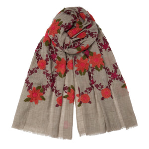 NEW Mexican Flower Pashmina - Cashmere & Cotton - Natural/Dark Pink