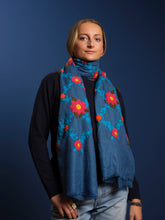 Load image into Gallery viewer, NEW Mexican Flower Pashmina - Cashmere &amp; Cotton - Blue/Blue
