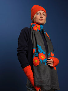 NEW Mexican Flower Pashmina - Cashmere & Cotton - Grey/Orange/Blue