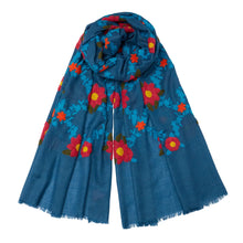 Load image into Gallery viewer, NEW Mexican Flower Pashmina - Cashmere &amp; Cotton - Blue/Blue
