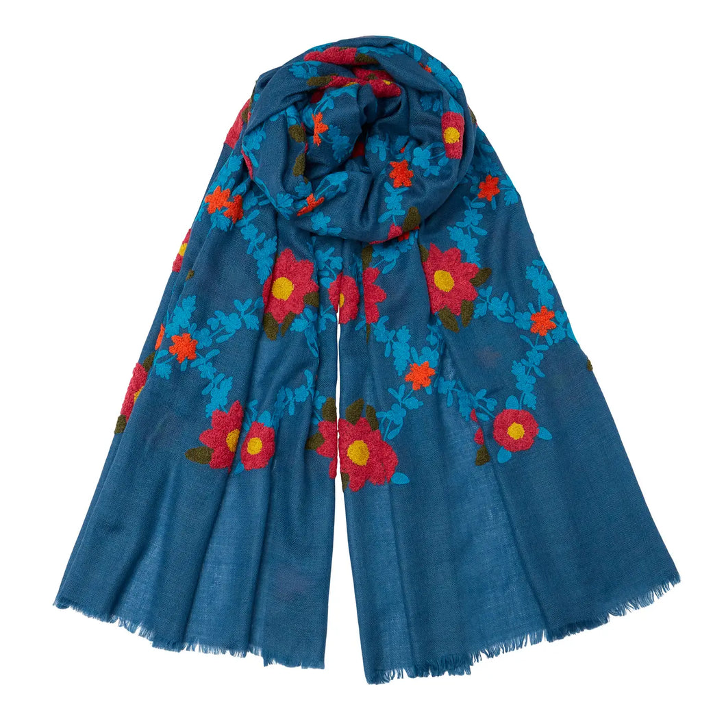 NEW Mexican Flower Pashmina - Cashmere & Cotton - Blue/Blue