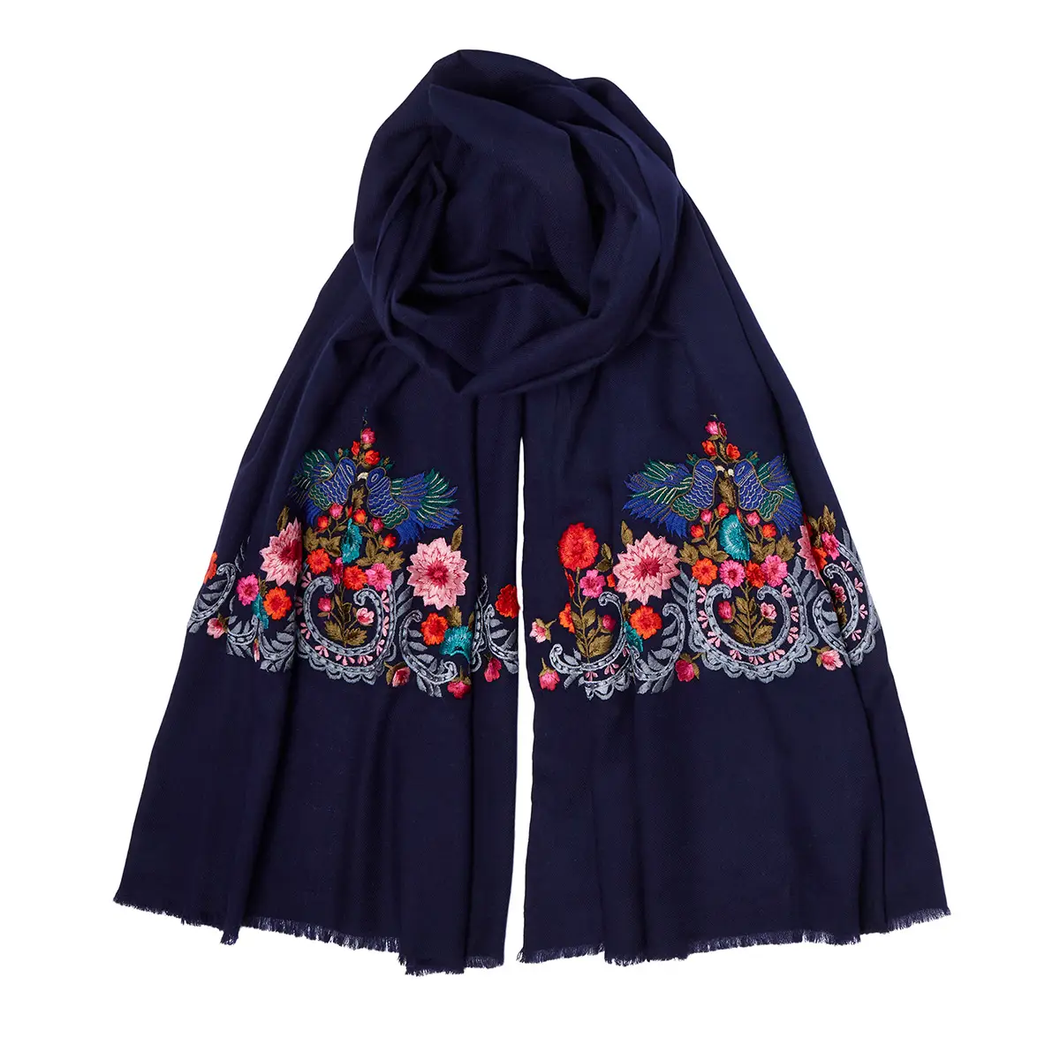 100% Cashmere Embroidered Bird Pashmina - Navy